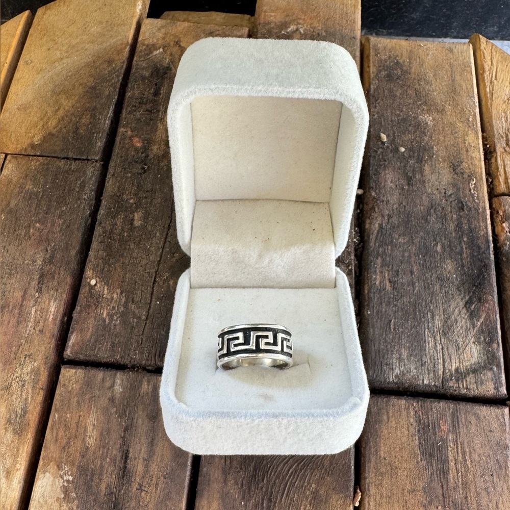 Silver and Black Greek Key Ring